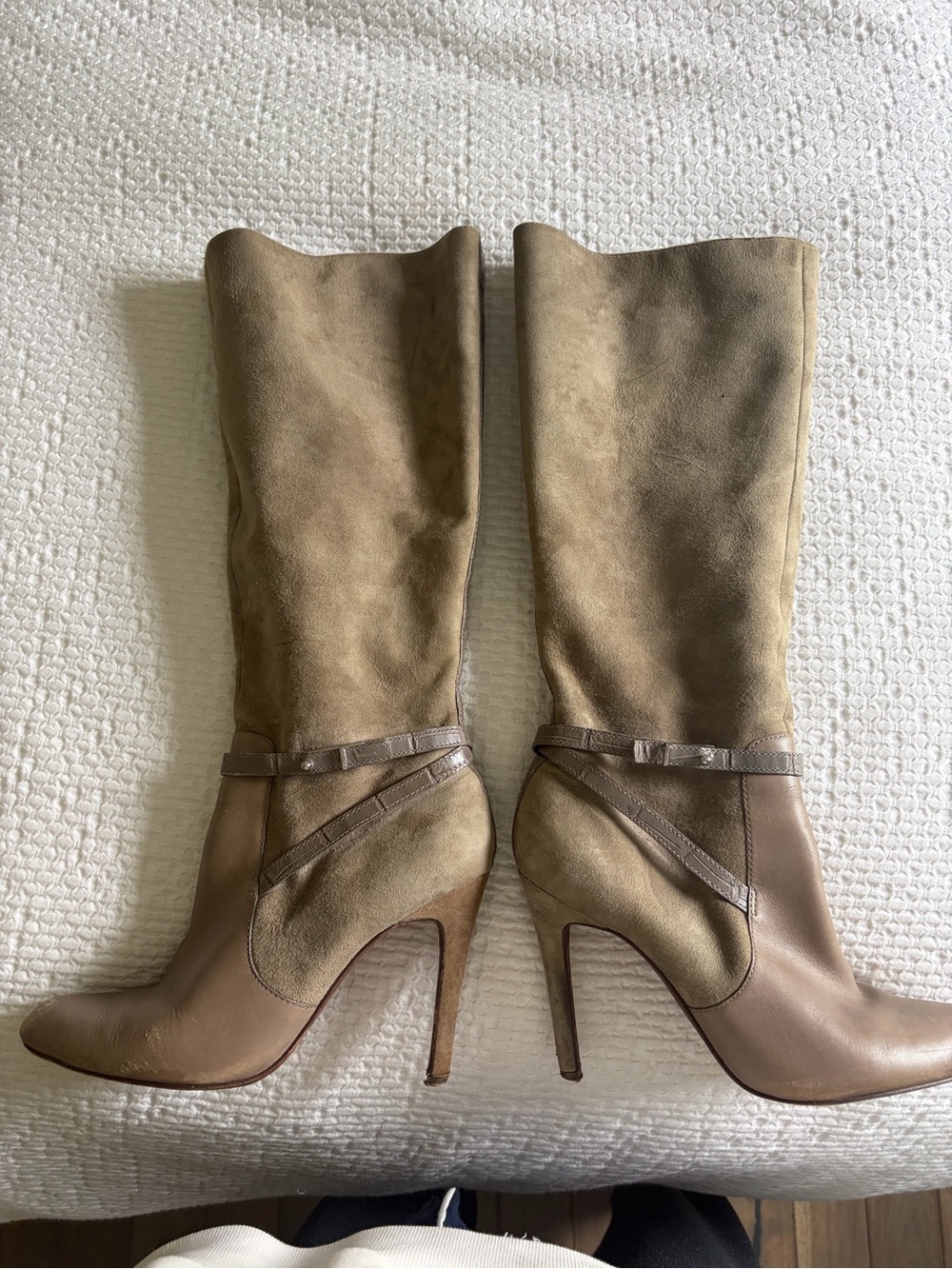 Coach Taupe Leather & Suede Mid-Calf Heeled Boots